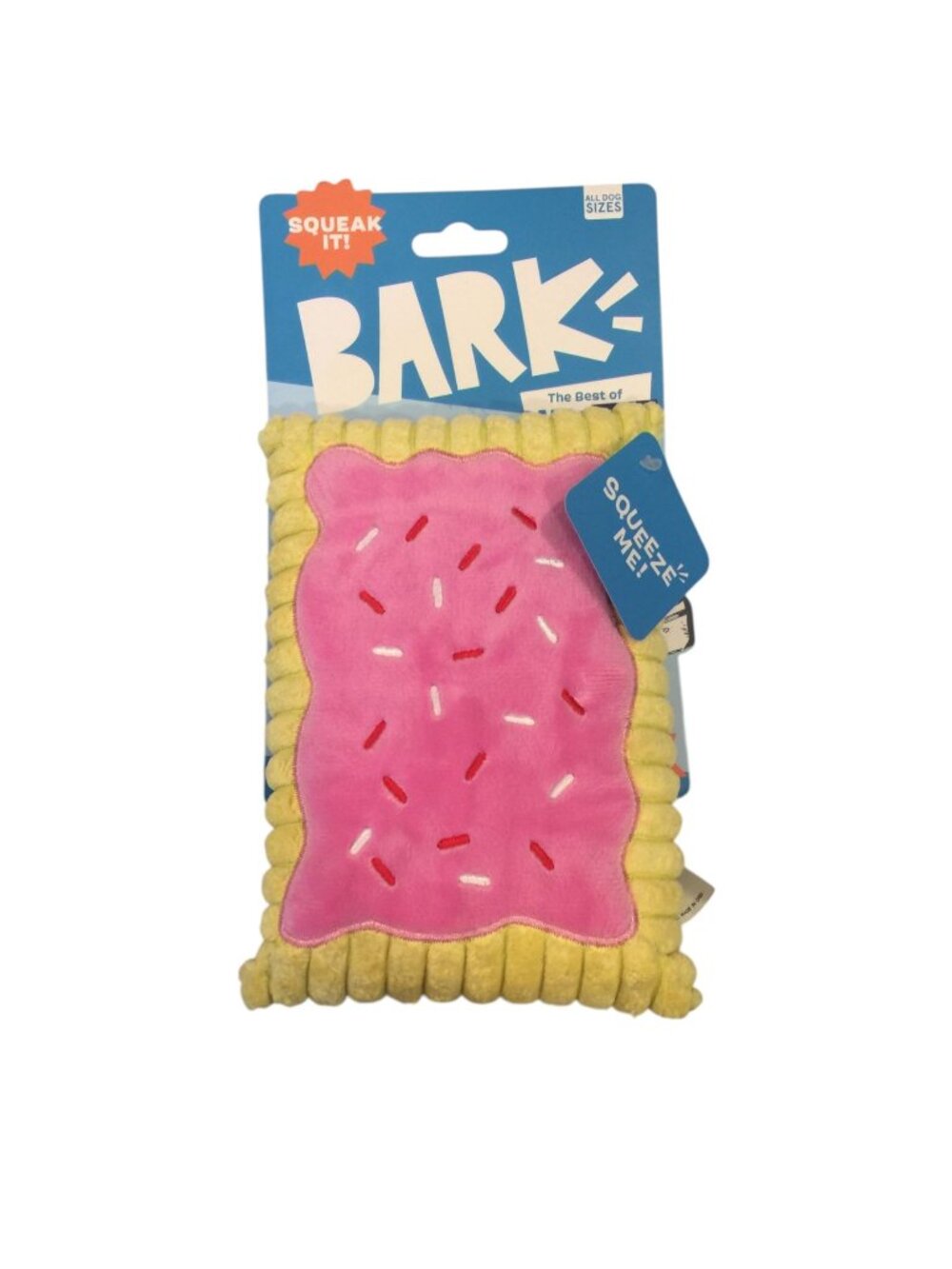 BARK Toaster Poodle Plush Pastry Shaped Squeak Dog Toy Yellow Pink